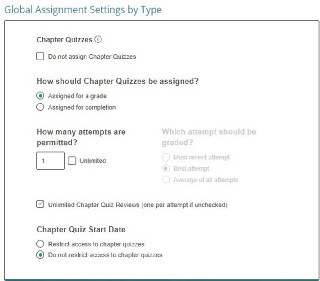 The default settings for Chapter Tests are assigned for a grade with one attempt. You can update these settings during the course creation process.