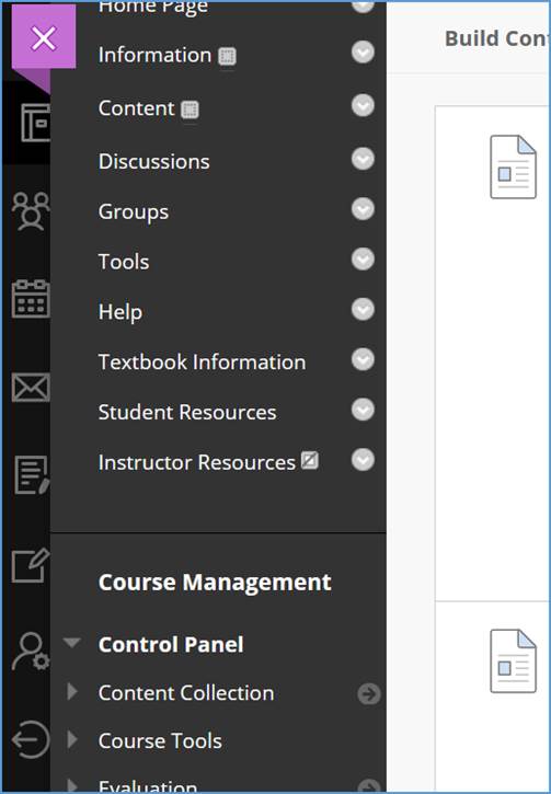 This image shows the left navigation panel of the Blackboard Original Course View. Course content areas are grouped at the top while Course Management functions grouped at the bottom.