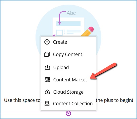 This image shows the context menu after clicking the "+" icon. The Content Market option is highlighted.