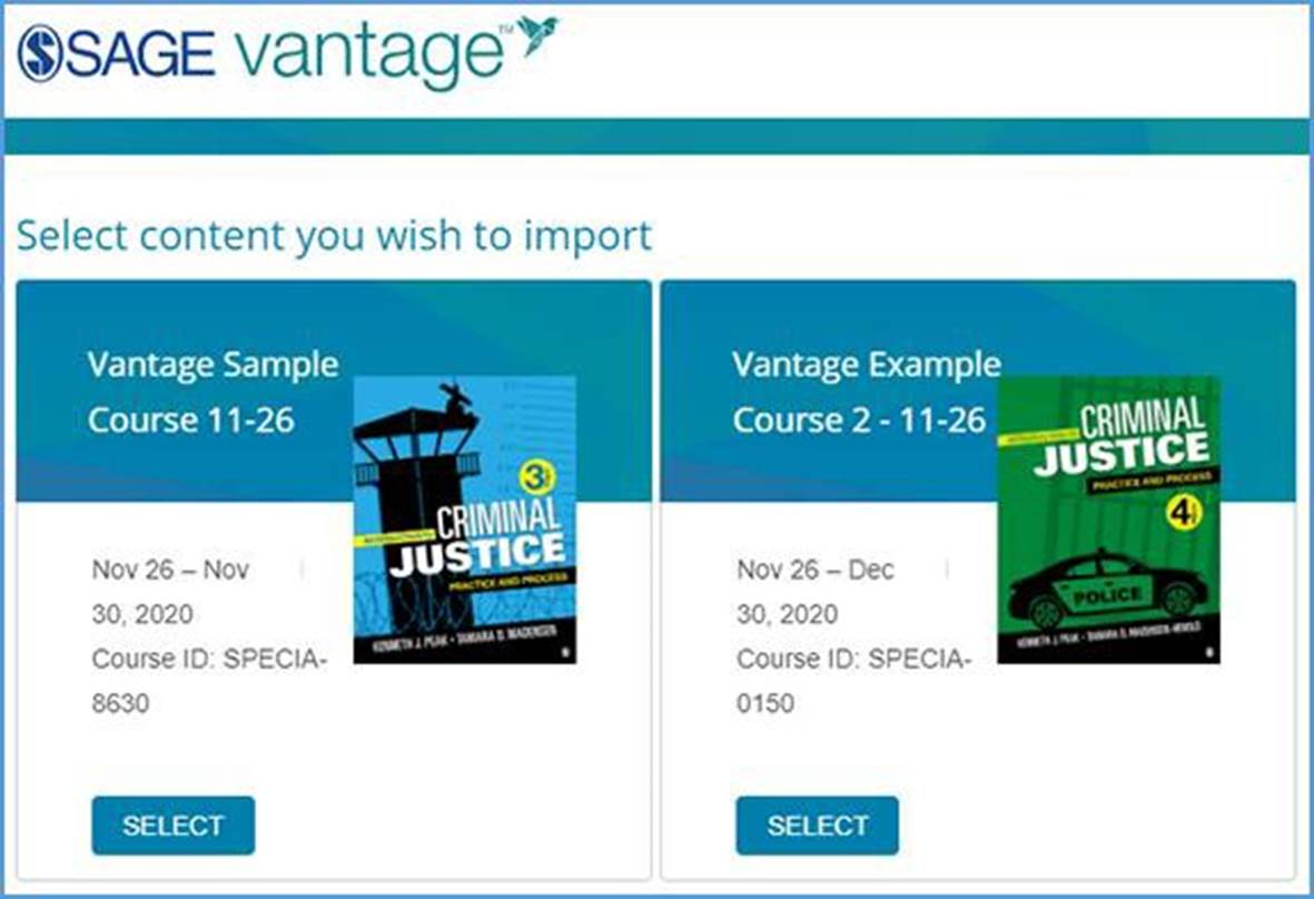 This image shows Vantage courses that can be paired with the LMS course.