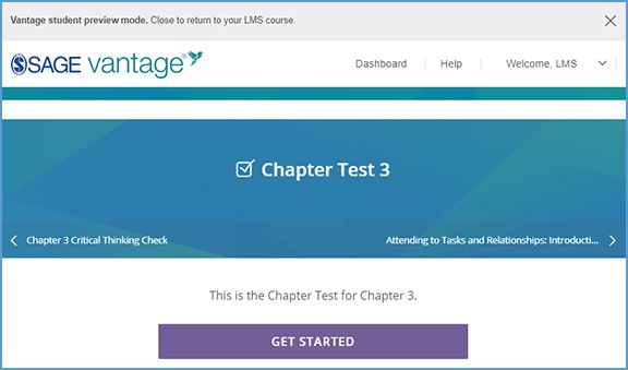 This image shows the return page after completing the Vantage course copy. In this instance, it returns to Chapter Test 3 which was the link clicked in the LMS course copy to trigger the Vantage pairing process.