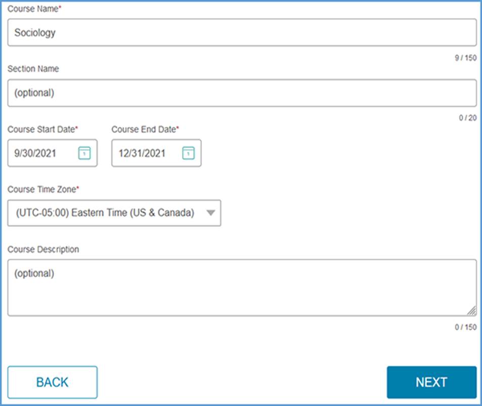 The course creation page will require details about your course including the course name, start and end dates, and time zone. Section name and course description are optional fields. Once you add the course details, click the "Next" button to proceed to the next section.