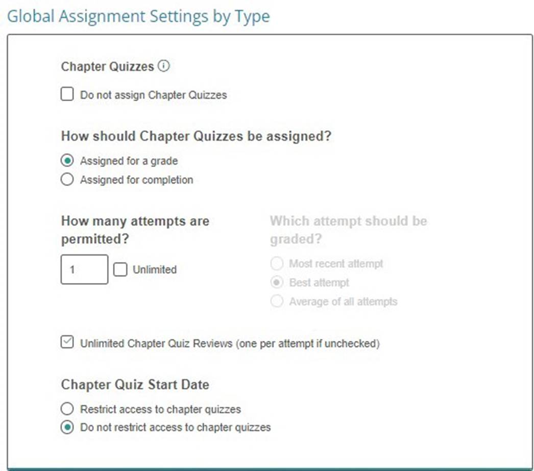 The default settings for Chapter Tests are assigned for a grade with one attempt. You can update these settings during the course creation process.