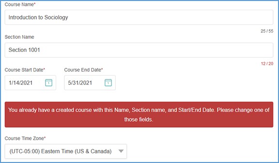 When you copy a course, you will be prompted to change the Course Name, Section Name, or Start/End Dates.