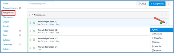 This image shows the Assignment tab location in the left navigation. It also shows the location of the context menu for an assignment with the Edit command highlighted.