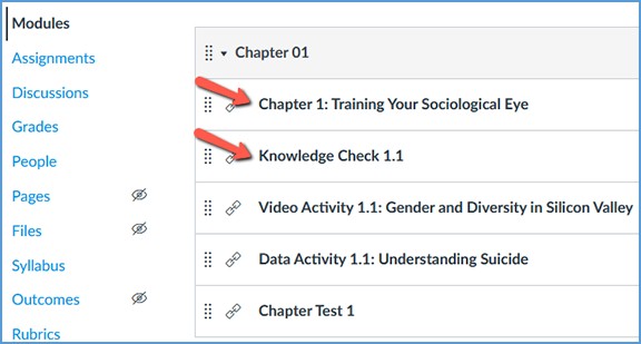 Click any Vantage link in a module within your LMS course. This image highlights a couple of examples of Vantage links in a module (a chapter reading link and a knowledge check).