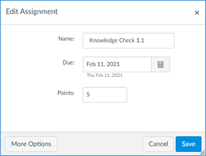 This image shows the Edit Assignment pop-up window. The due date can be picked from the calendar icon.