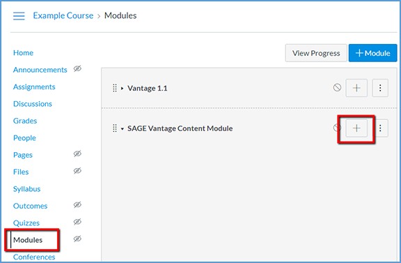 This image shows the Modules link in the left navigation menu. In the content area, the "+" menu is also highlighted next to the module's name where content will be added.