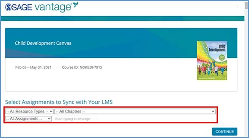 This image shows the default view when setting up deep link and grade sync items in Vantage. The three dropdown menus are highlighted. They allow sorting by Resource Type, Chapters, and Assignments.