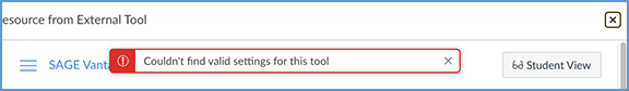 The Canvas error "Couldn't find valid settings for this tool" may indicate a mismatch between the URL used in the tool configuration and the URL you are using to access the tool.