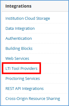 This image shows the Integrations section of the Blackboard Admin tools page. In the list of actions available in the Integrations section, LTI Tool Providers is highlighted.