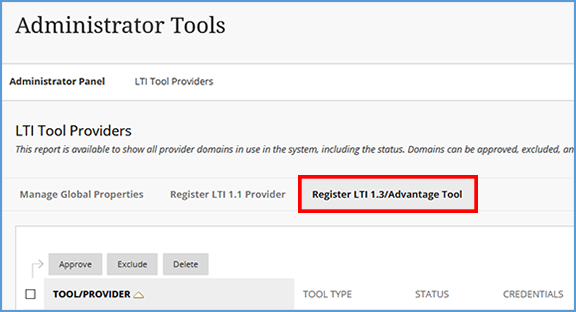 This images shows the LTI Tool Providers page. The "Register LTI 1.3 / Advantage Tool" option is highlighted.