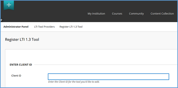 This image shows the "Register LTI 1.3 Tool" page. It contains the Client ID text field where the Client ID you receive from Sage will be pasted.