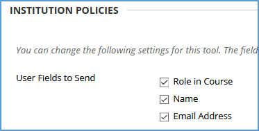 This image shows the checkboxes ticked for the User Fields to Send: Role in Course, Name, Email Address.