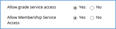 This image shows the "Yes" radio buttons selected for Allow Grade Service Access and Allow Membership Service Access.