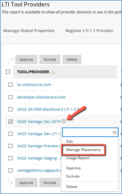 This image shows the context menu for the Sage Vantage tool opened. Manage Placements is highlighted.