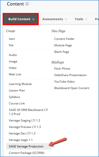 This image highlights the context menu for Build Content. The Sage Vantage tool is noted in the list of available tools.