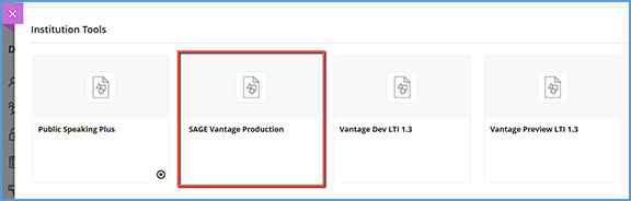 This image shows the Content Market page. Institution Tools are grouped at the bottom of the page. You will select your Sage Vantage tool (highlighted in this image) from this area.