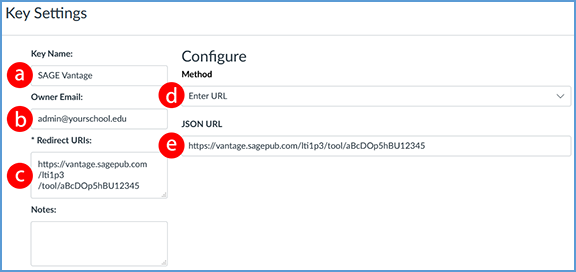 This image shows the Key Settings. Highlighted in this image are the Key Name and Redirect URIs text fields. The Method dropdown is show switched to Enter URL and a JSON URL added to the text field. The Save button is also highlighted as a reminder to complete this step by saving.