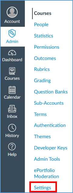 This image highlights Settings in the admin account navigation.