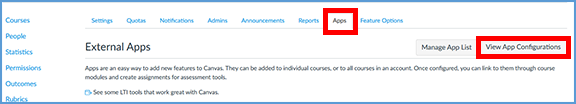 This image highlights the Apps tab after entering Settings from the account navigation menu. Additionally, on the Apps tab, the View App Configurations button is highlighted.