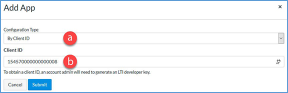 This image indicates the settings to use for the new app. The Configuration Type dropdown is set to By Client ID. The Client ID - copied from the Details column of the Developer Key setup - is pasted here.