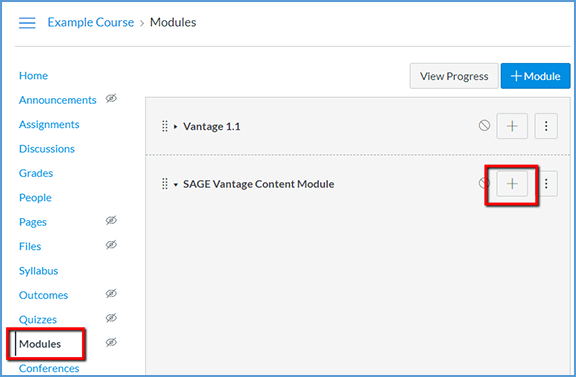 This image shows the Modules link in the left navigation menu. In the content area, the "+" menu is also highlighted next to the module's name where content will be added.