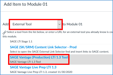 This image shows the Add Item pop-up window. The Add dropdown is changed to External Tool. The External Tool dropdown and the Sage Vantage tool name are both highlighted.