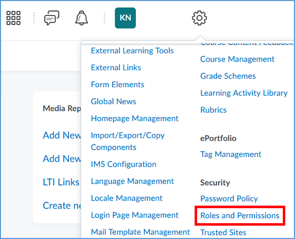 This image shows the options available under the gear icon. In the Security section, Roles and Permissions is highlighted.