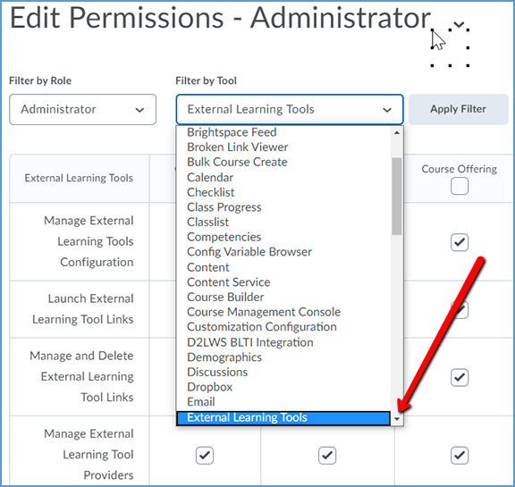 This image shows the Edit Permissions options. In the Filter by Tool dropdown list, External Learning Tools is highlighted.