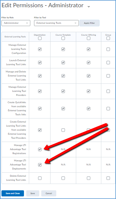 This image shows a variety of permissions that can be enabled or disabled via checkboxes. This image highlights two checkboxes that fall under the Organization column: Manage LTI Advantage Tool Registrations and Manage LTI Advantage Tool Deployments. Both are checked.