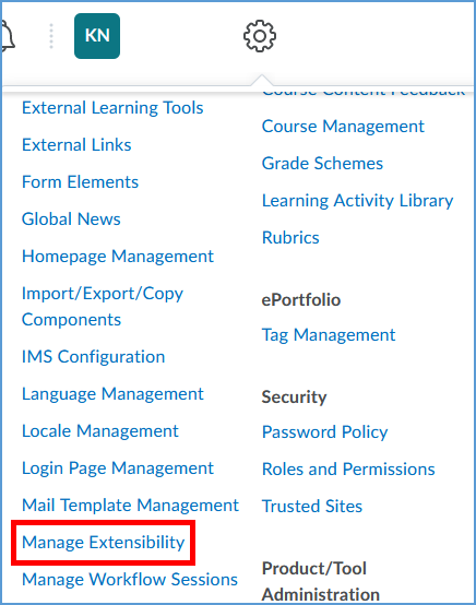 This image shows the list of options available under the gear icon. Manage Extensibility is highlighted.