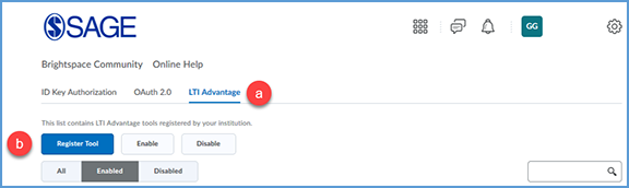 This image calls out the next two clicks to begin the tool setup. Step "a" is selecting LTI Advantage along the top navigation. Step "b" then selects Register Tool.