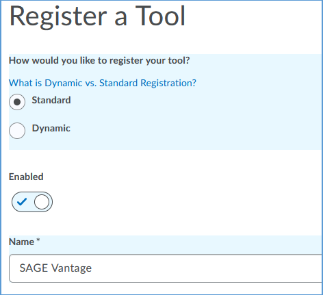 Sage Vantage is the suggested tool name to use in the "Name" field.