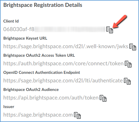 Once you register the tool, you will see a list of Registration Details. Click the copy icon after each item. Send this information back to Sage.