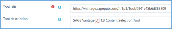 This image shows the Tool URL text field filled in with the URL provided by Sage. Additionally, the Tool description text field contains a brief description of the tool which instructors will find useful (this field is optional).