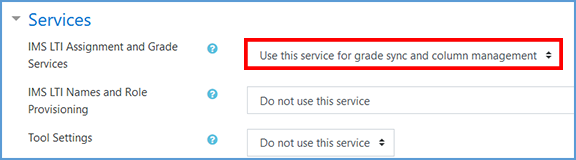 This image shows the Services section expanded. The "IMS LTI Assignment and Grade Services" dropdown is set to "Use this service for grade sync and column management." The remaining dropdowns are left at their default settings of "Do not use this service."