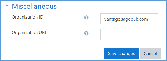 This image shows the Miscellaneous section expanded. vantage.sagepub.com is entered into the Organization ID text field. The Organizational URL text field is left blank.