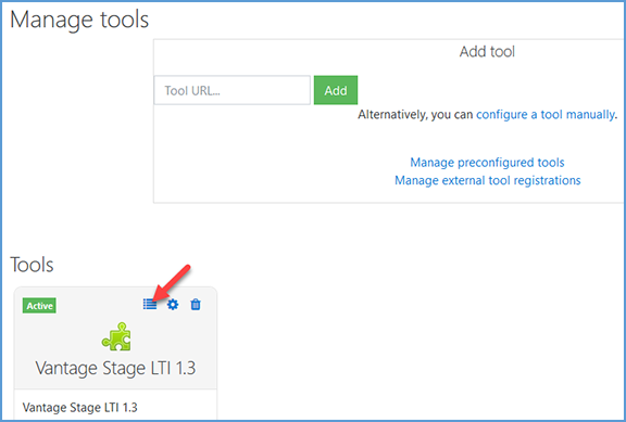 This image shows the tool you just created on the Manage Tools page. Under the Tools section, this tool appears. The detail list icon is highlighted.