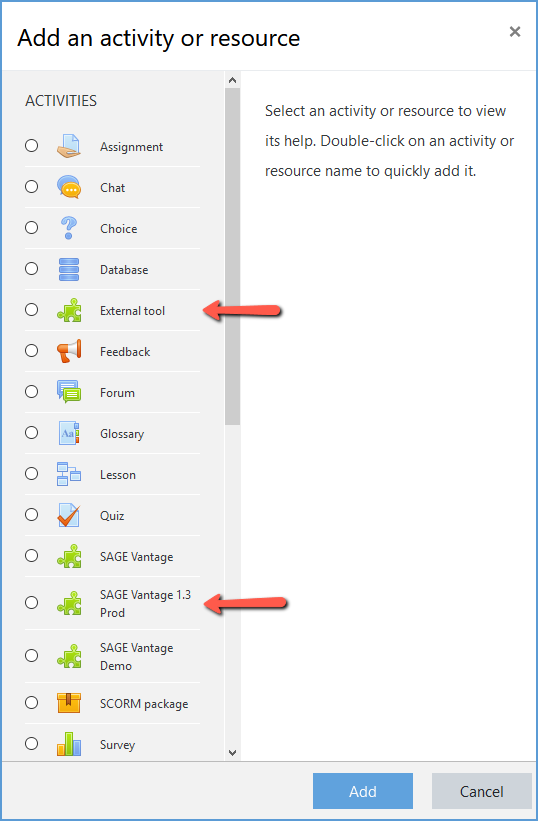 This image shows the menu after clicking "Add an activity or resource." Two options are highlighted: the Sage Vantage tool which appears in the list and the External Tool link which can be used if the Sage Vantage tool is not in the list by default.