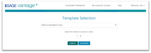 On the Template Selection page, click the dropdown to search for the template to use for course copies.