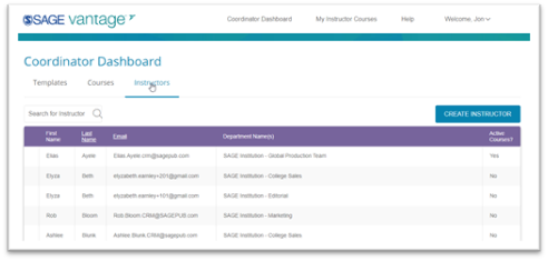 On the Instructors tab of the Coordinator Dashboard, instructors can be create instructors if they do not exist in the system.