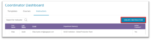 To create an instructor, click the "Create Instructor" button on the far right of the page on the Instructors tab of the Coordinator Dashboard.