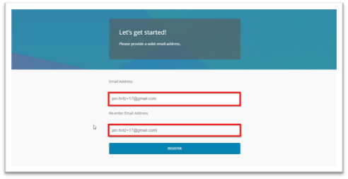 On the Let's Get Started page, the instructor's email address is added twice - once in each textbox. Click the "Register" button to begin the process.