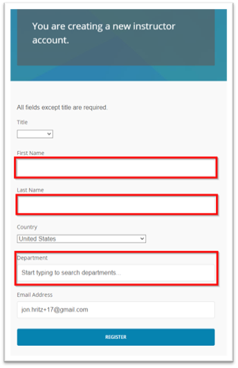 The next page (You are creating a new instructor account) allows you to add the first and last name and the department. Click the "Register" button to finish.