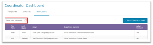 To search for an instructor, use the first or last name, or email address in the search box on the Instructors tab of the Coordinator Dashboard.