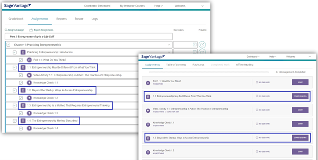 A screenshot showing section numbers in Vantage are also clearly visible in your Assignments page and in your students’ Assignments tab on their Dashboard.