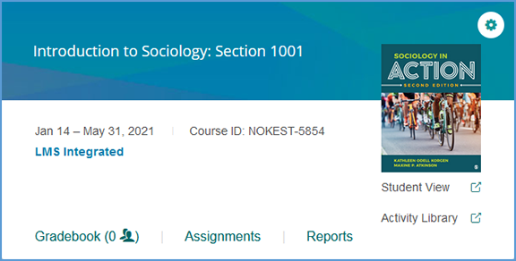 This image shows a course tile on the My Courses dashboard. It contains the course details entered during course creation such as course and section names as well as start and end dates. This tile offers quick access to the tools to help manage your course such as the gradebook.