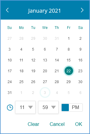 The calendar allows you to pick a specific date and set an end time, such as 11:59PM, for your due date.