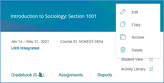This image shows the list of Course Management Tools. This course is not paired with an LMS and no students are enrolled, so it displays the full menu: Edit, Info, Copy, Archive, Delete.